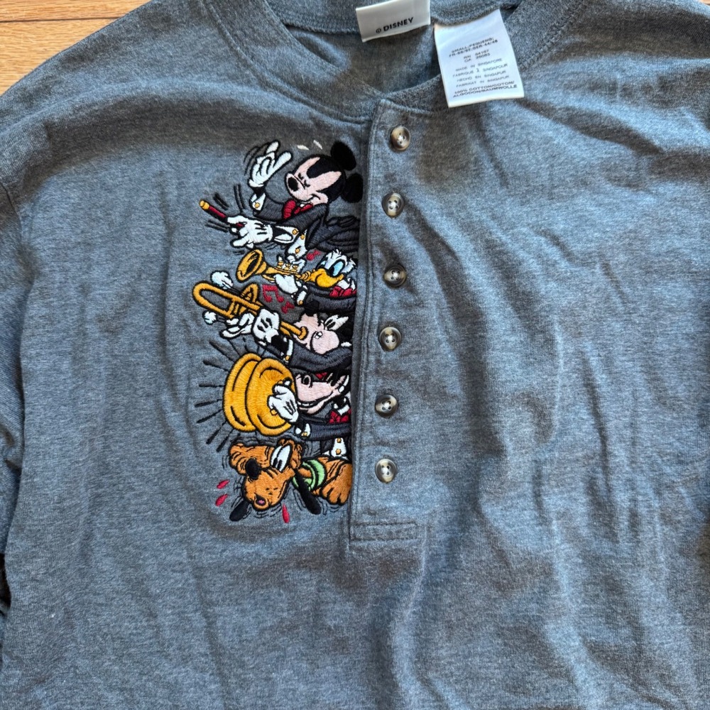 Vintage Disney Store Mickey Mouse Donald Pluto Henley Gray Small Long Sleeve
